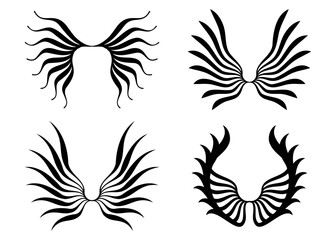 Collection of four stylized black tribal wing designs on a white background perfect for graphic design elements
