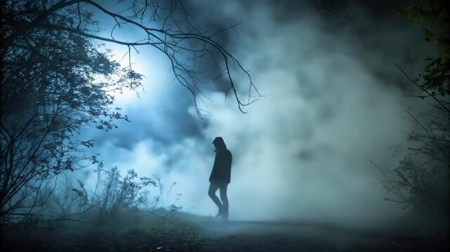 Ultra-realistic ghostly humanoid figure with pale skin and hollow glowing eyes slowly emerging from thick fog