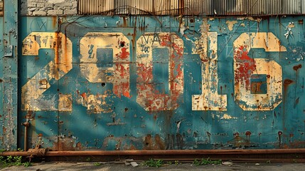 Vintage Turquoise Metal Sheet Wall Featuring Old 29016 Graffiti, Scratched Surface, and Aged Paint