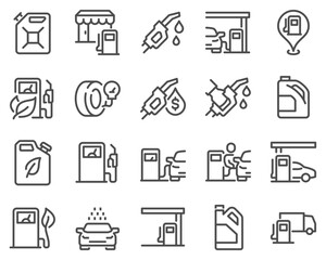 Simple Set of Gas Station Related Vector Line Icons. Contains such Icons as Carwash, Self-service filling, Fuel Pump and more.