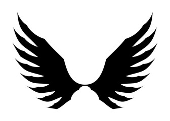 Stylized black angel wings silhouette with sharp pointed feather tips isolated on a clean white background for graphic design