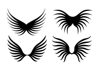 Collection of four black stylized wing silhouettes on a white background representing freedom and aspiration