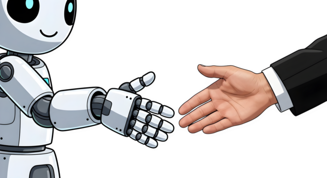 Robot and human reaching for handshake 3d rendered isolated on transparent background