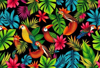 Obraz premium Seamless tropical animal pattern; graphic vector design, vibrant colors, animals, jaguar