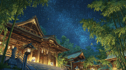 Obraz premium 竹林に佇む星夜の神社
