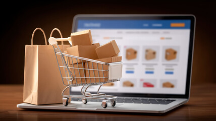 Miniature shopping cart filled with boxes and paper bag is placed on laptop displaying online shopping site, symbolizing e commerce and digital retail