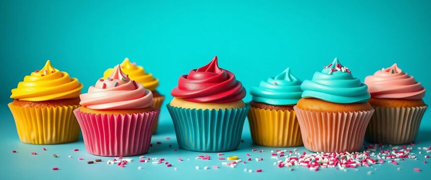 Six colorful cupcakes arranged on a vibrant teal background, sprinkles scattered nearby,  yummy,  food photography - Powered by Adobe