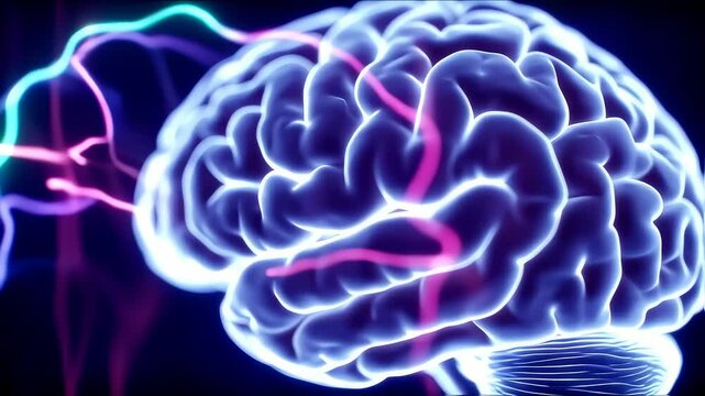 Glowing brain with rapid electrical pulses in dark void - Powered by Adobe