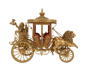 Fototapeta premium Elaborate Golden Steam Chariot Pulled by Lions, A Symbol of Luxury and Power Isolated for High-Quality Design Assets