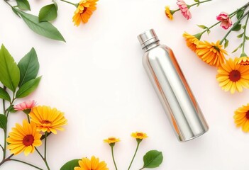 Sleek silver water bottle rests on pristine white background,  metal,  surface
