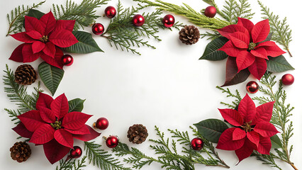 Festive Holiday Poinsettia and Evergreen Arrangement with Red Ornaments and Pinecones for a Warm Christmas Celebration