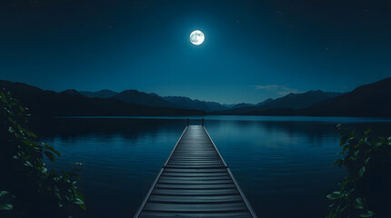  a wooden dock extending into a calm lake under a clear night sky. Generative ai