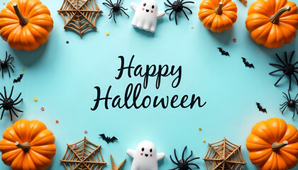 Cute Halloween doodles of pumpkins, bats, spiders, and ghosts on a pastel background with "Happy Halloween" text.
