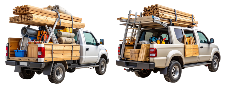 Pickup truck loaded with construction tools and materials, isolated on transparent background PNG