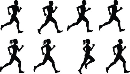 Running silhouette vector of men and women, fitness jogging illustration, athlete training poses, exercise workout icon for active lifestyle
