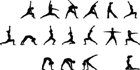 Silhouette vector illustration of people practicing yoga poses, meditation, stretching, balance, and fitness for wellness, mindfulness, and healthy lifestyle