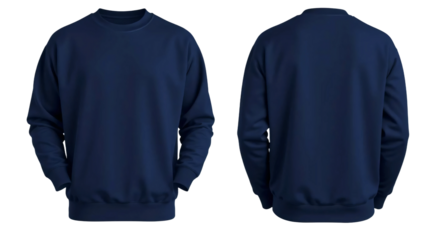 Navy blue sweatshirt in front and back view, mockup isolated on transparent background