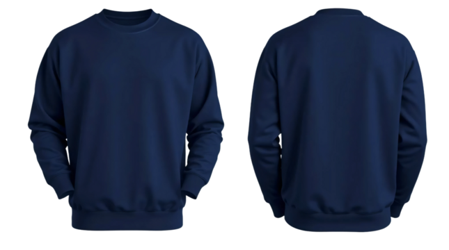 Navy blue sweatshirt in front and back view, mockup isolated on transparent background