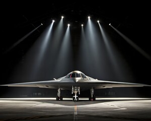 "Front View of B-2 Stealth Bomber on Black Background &ndash; High Contrast Photo with Dramatic Overhead Lighting"