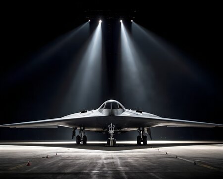 "Front View of B-2 Stealth Bomber on Black Background &ndash; High Contrast Photo with Dramatic Overhead Lighting