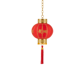 Elegant Red Festival Lantern with Golden Accents Hanging from a Delicate Chain, casting a warm and inviting glow
