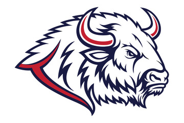 Fierce bison head shows powerful features detailed with red and navy outlining on white