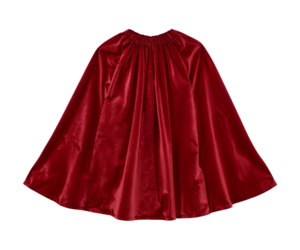 Elegant red velvet cape draped dramatically, isolated on a plain field, showcasing rich texture and luxurious fabric
