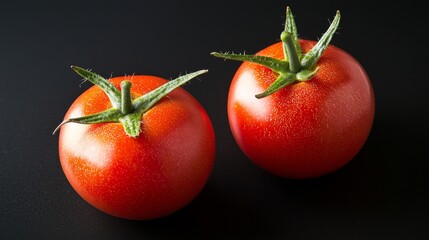 Fresh Red Tomatoes with Green Stems on Dark Background for Culinary and Healthy Eating
