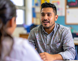 
High-quality documentary photo of school counselor meeting with student in office, warm educational environment lighting, authentic supportive conversation, professional school setting