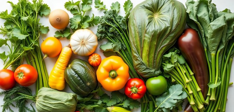 Vibrant assortment of fresh green vegetables on white, green vegetables,  isolated