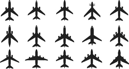 Airplane silhouette vector set, aircraft top view icons, commercial jet design, aviation elements collection, flight symbol template, black airplane graphics, isolated aviation illustrations pack