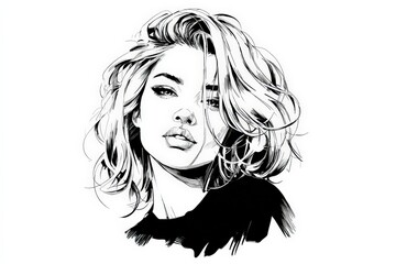 Fototapeta premium Stylish monochrome woman portrait. Ink drawing. Perfect for fashion, beauty, and design projects.