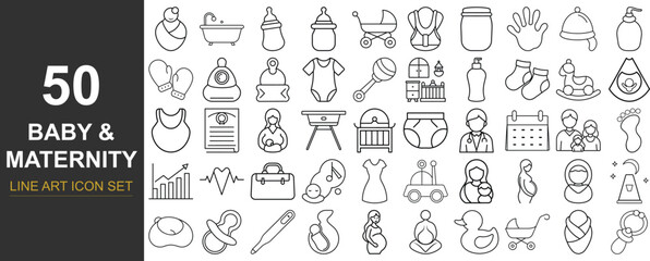 50 Line Art Vector Icons of Baby and Pregnancy-Related Items Featuring Mother Care, Baby Gear, Feeding Tools, Clothing, and Birth Essentials for Nursery Design, Apps, and Print Use