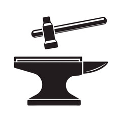 Black Silhouette Anvil and Hammer Isolated on White Background Simple Metalworking Tool Icon Graphic Design Element