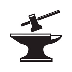 Black Silhouette of Anvil and Hammer Isolated on White Background Simple Metalwork Icon Graphic Design Element