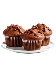Three Chocolate Muffins with Choco Chips on White Plate &ndash; Front View