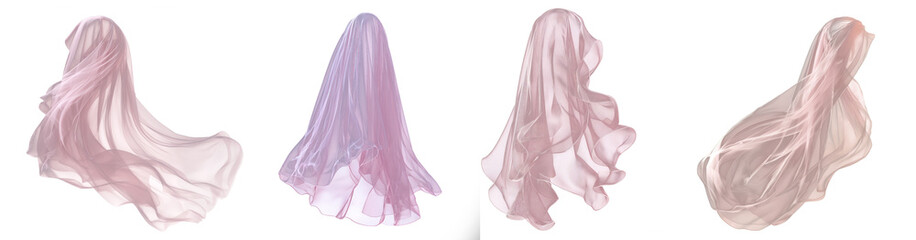 Pink bridal veil soft fabric design, realistic flowing tulle isolated on transparent background, suitable for wedding, fashion, romantic or feminine-themed compositions