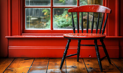 Bright red chair stands indoors by a window with rain droplets and a blurry green outdoor scene