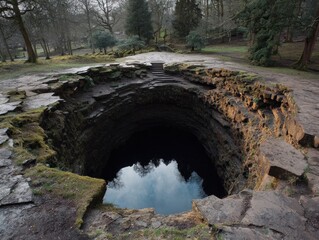 Serene forest scene with deep rock pool reflection. Ideal for nature, travel, and environmental projects.