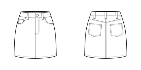 Five Pocket Denim Skirt- Mini skirt Front and Back View- Fashion Technical Illustration- Vector Cad Mock-up 