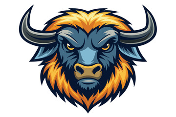 Angry bison with yellow eyes and a golden mane stares intensely forward