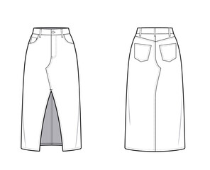 Denim Maxi Skirt with Wide Front Center Slit- 5 pocket Denim Skirt- Straight Design- Front and Back View- Fashion Technical Illustration - Denim Skirt CAD Mock-up