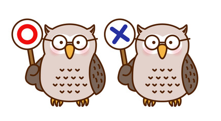 ○×札を持つフクロウのかわいい判定イラスト（ベクター）