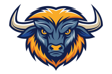 Aggressive blue bull with striking yellow eyes and horns stares intensely forward