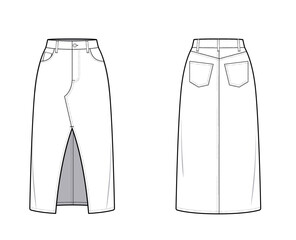 Title	
Denim Maxi Skirt with Wide Front Center Slit- 5 pocket Denim Skirt- Straight Design- Front and Back View- Fashion Technical Illustration - Denim Skirt CAD Mock-up