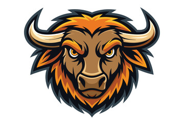 A powerful bull head with orange hair and sharp horns glares directly forward