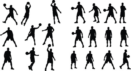 Basketball player silhouette collection, sport action poses, athlete dribbling, slam dunk vector, black figures isolated, team game illustration, training movement icon, fitness concept design