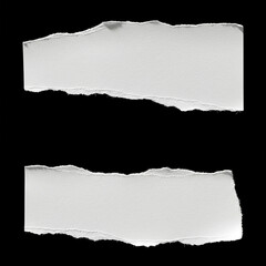 Two pieces of torn white paper on black background, isolated, texture