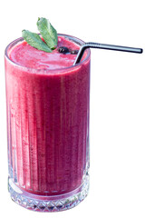 Berry smoothie in a tall glass with straw
