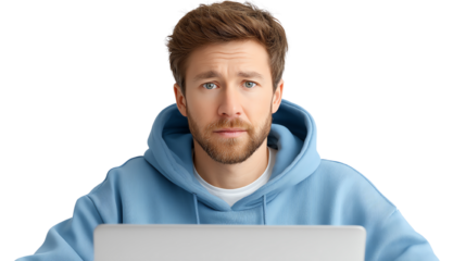 A focused young man in a blue hoodie working on a laptop, looking thoughtfully at the camera.